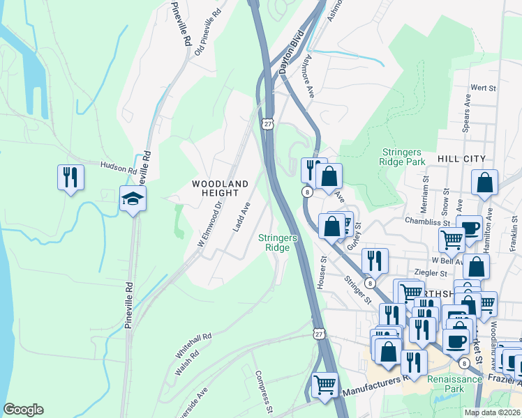 map of restaurants, bars, coffee shops, grocery stores, and more near 493 Wayne Avenue in Chattanooga