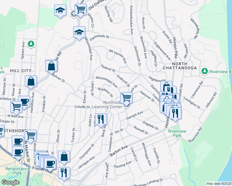 map of restaurants, bars, coffee shops, grocery stores, and more near 819 Mississippi Avenue in Chattanooga
