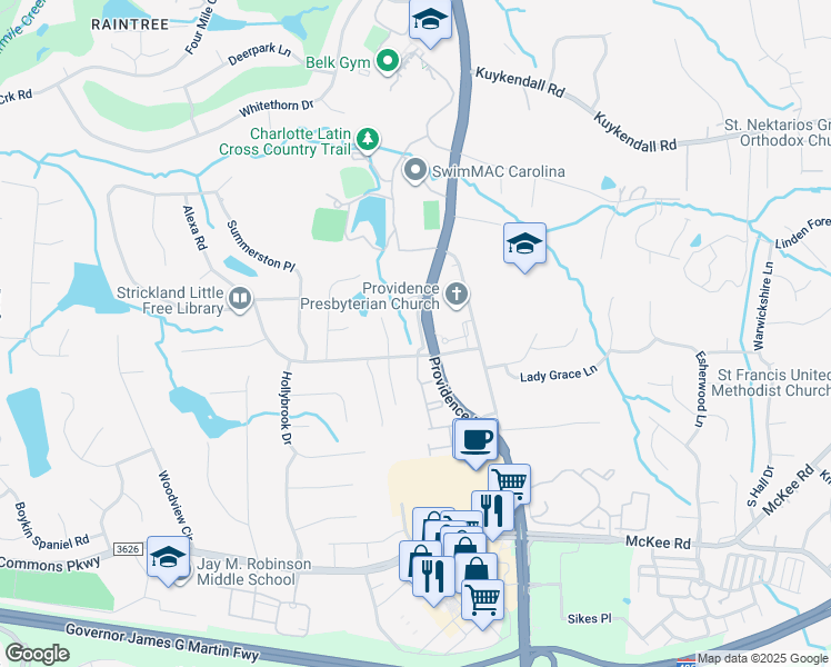 map of restaurants, bars, coffee shops, grocery stores, and more near 5115 Berkeley Park Court in Charlotte