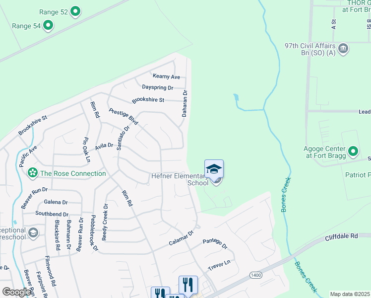 map of restaurants, bars, coffee shops, grocery stores, and more near 7175 Mazarron Drive in Fayetteville