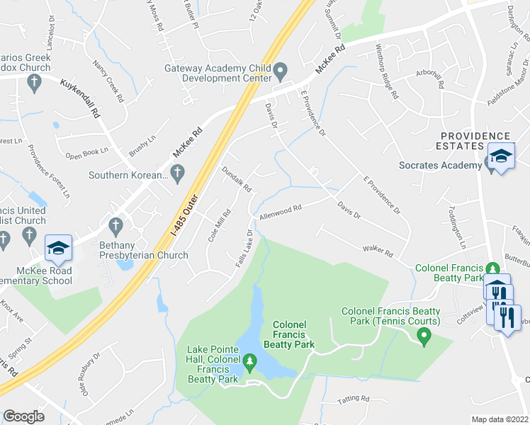 map of restaurants, bars, coffee shops, grocery stores, and more near 3304 Allenwood Road in Charlotte