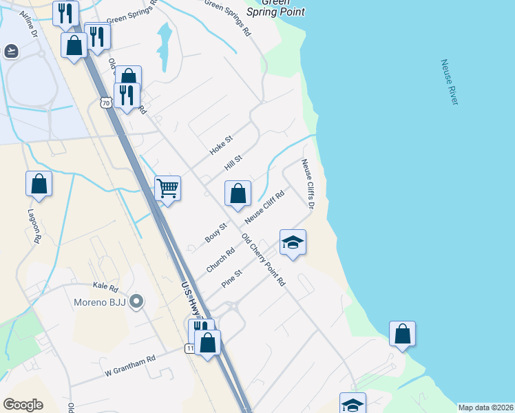 map of restaurants, bars, coffee shops, grocery stores, and more near 306 Neuse Cliff Road in New Bern