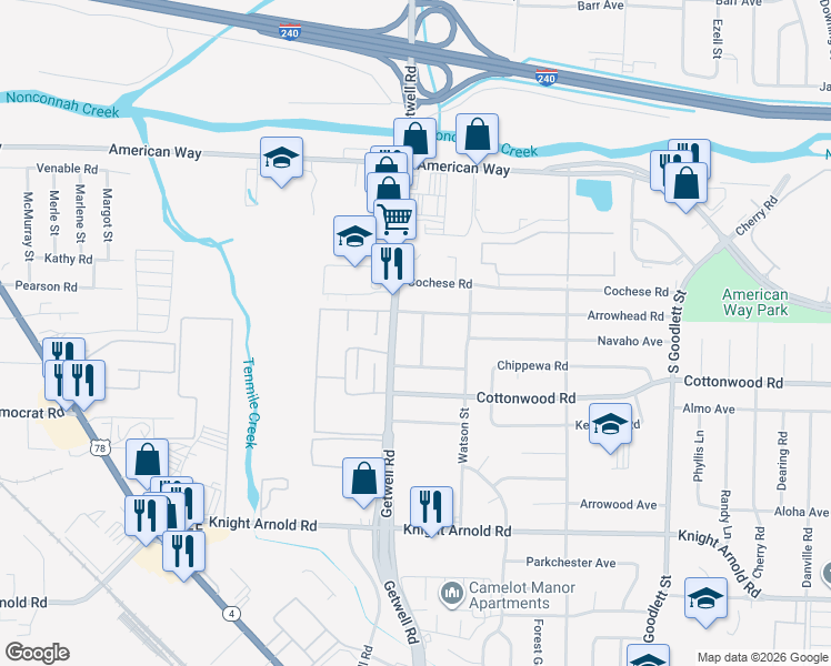 map of restaurants, bars, coffee shops, grocery stores, and more near 2831 Redwing Road in Memphis