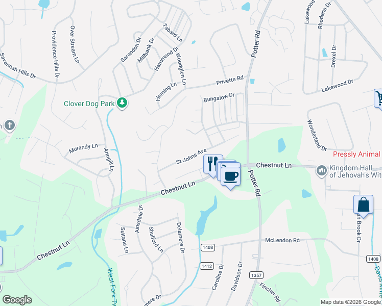 map of restaurants, bars, coffee shops, grocery stores, and more near 1228 Saint Johns Avenue in Stallings