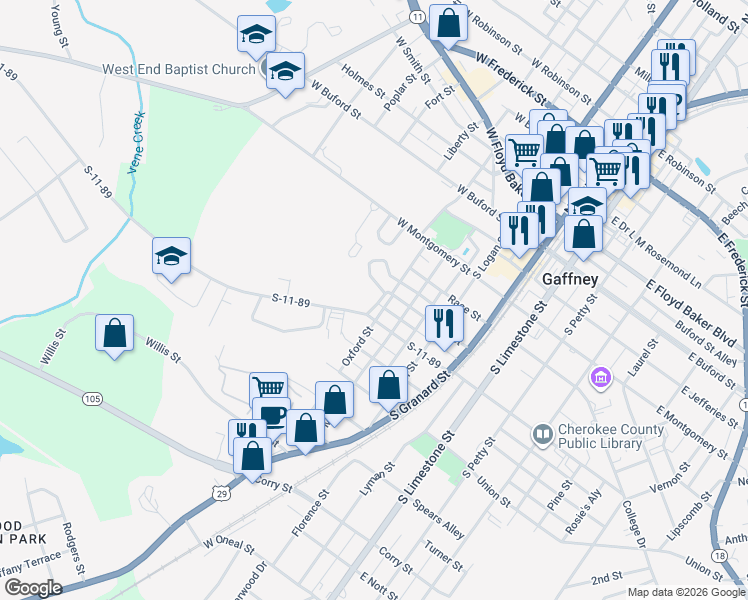 map of restaurants, bars, coffee shops, grocery stores, and more near 508 South Oliver Street in Gaffney