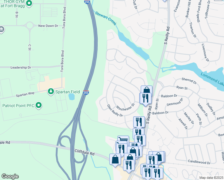 map of restaurants, bars, coffee shops, grocery stores, and more near 715 Glen Reilly Drive in Fayetteville