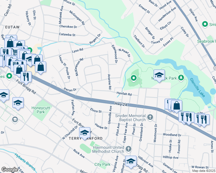 map of restaurants, bars, coffee shops, grocery stores, and more near 825 Anarine Road in Fayetteville