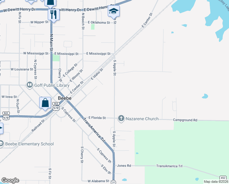 map of restaurants, bars, coffee shops, grocery stores, and more near 200 South Apple Street in Beebe