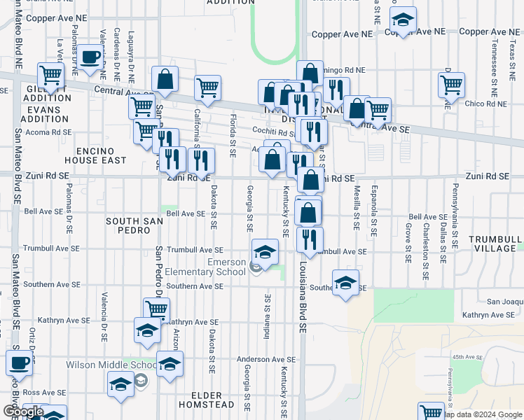 map of restaurants, bars, coffee shops, grocery stores, and more near 426 Indiana Street Southeast in Albuquerque
