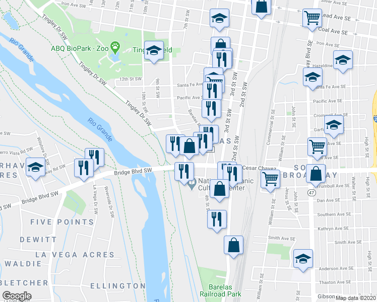 map of restaurants, bars, coffee shops, grocery stores, and more near 1410 8th Street Southwest in Albuquerque
