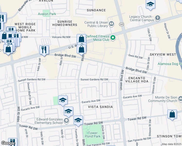 map of restaurants, bars, coffee shops, grocery stores, and more near 8200 Bridge Boulevard Southwest in Albuquerque