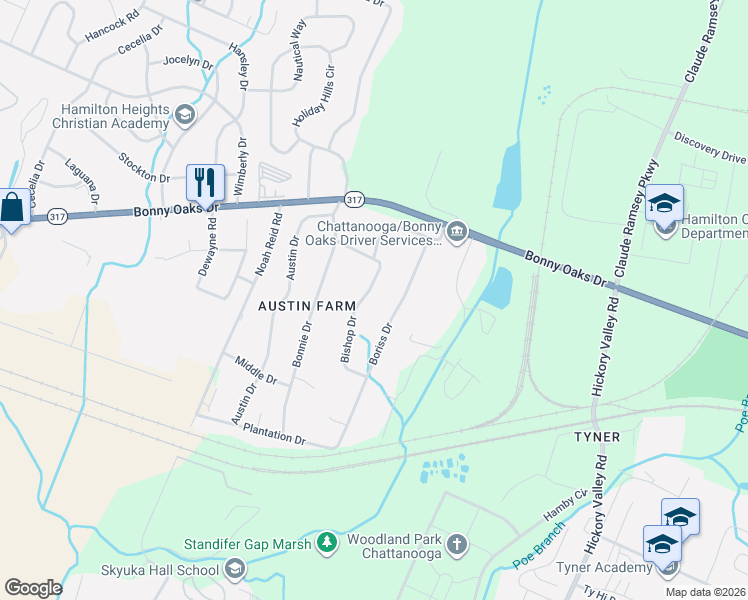 map of restaurants, bars, coffee shops, grocery stores, and more near 7624 Bishop Drive in Chattanooga