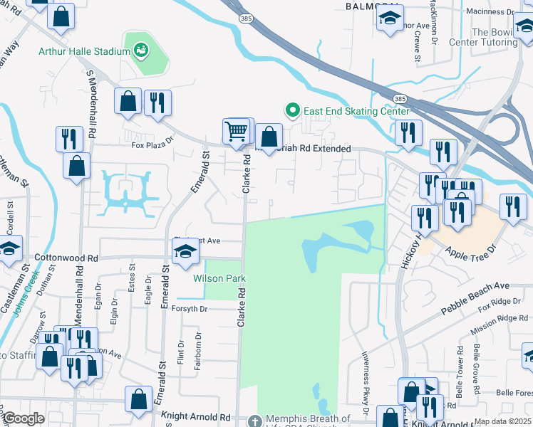 map of restaurants, bars, coffee shops, grocery stores, and more near 2826 Los Gatos Court in Memphis