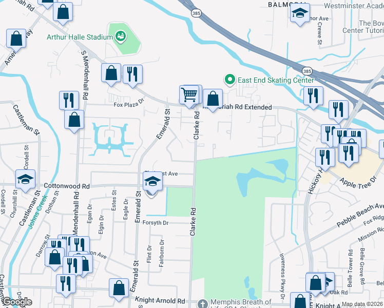 map of restaurants, bars, coffee shops, grocery stores, and more near 2824 Clarke Road in Memphis