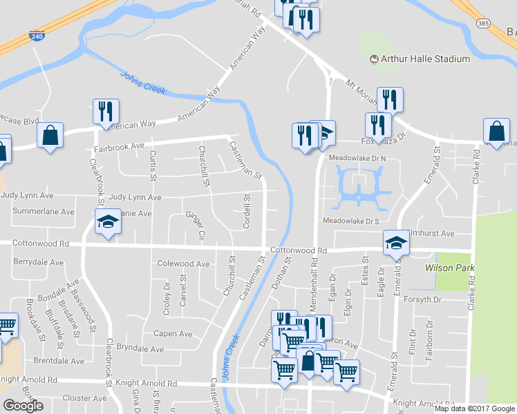 map of restaurants, bars, coffee shops, grocery stores, and more near 2829 Castleman Street in Memphis