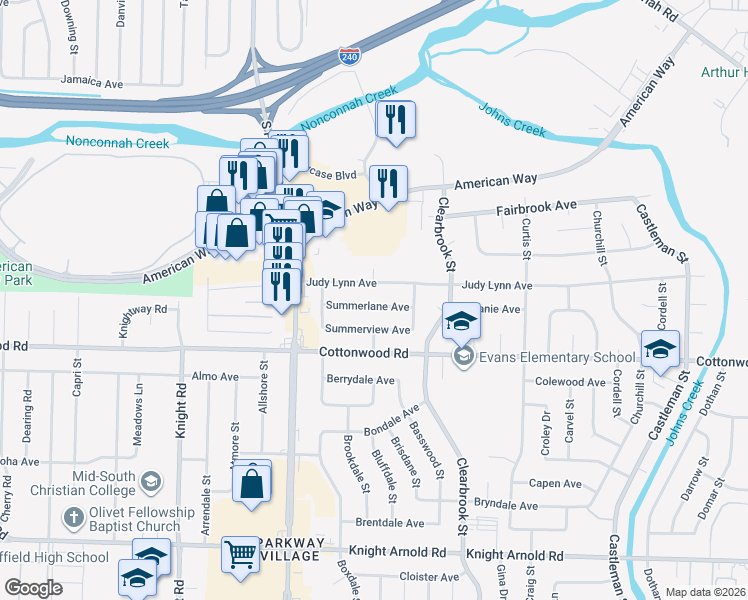 map of restaurants, bars, coffee shops, grocery stores, and more near 4821 Judy Lynn Avenue in Memphis