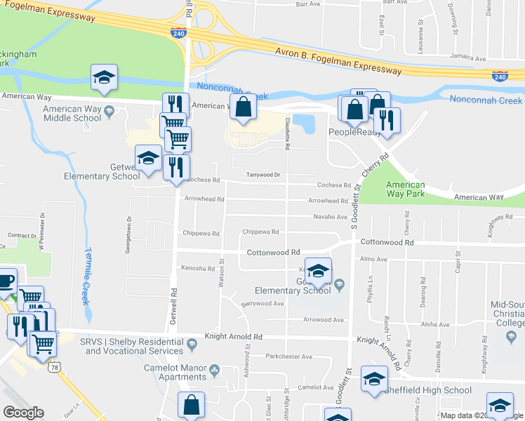 map of restaurants, bars, coffee shops, grocery stores, and more near 4121 Arrowhead Road in Memphis