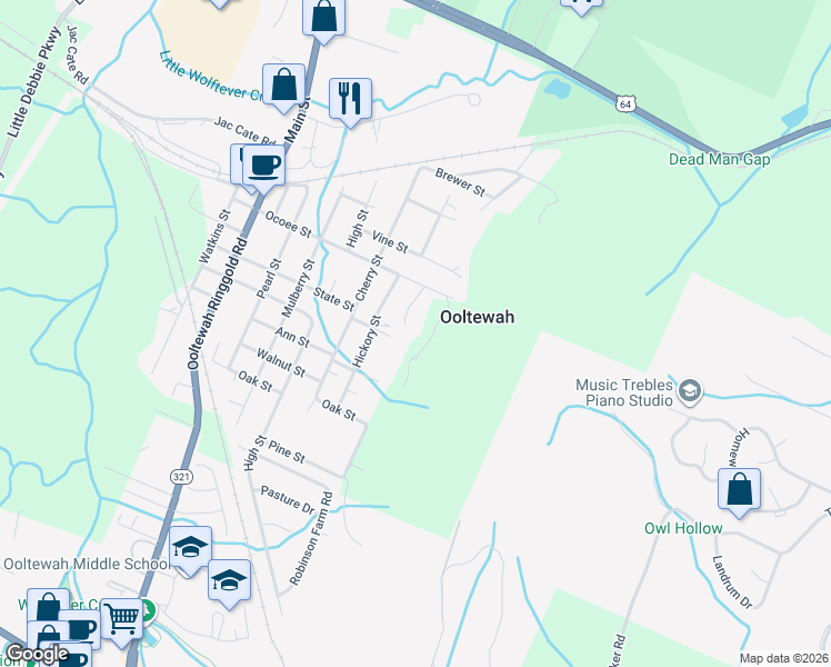 map of restaurants, bars, coffee shops, grocery stores, and more near 5608 Mountain Oaks Lane in Ooltewah