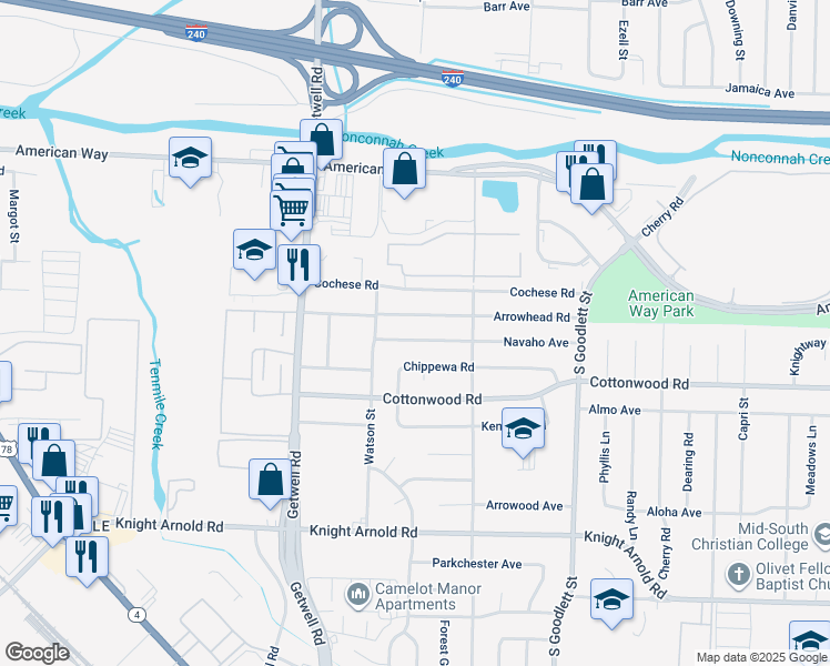 map of restaurants, bars, coffee shops, grocery stores, and more near 4063 Arrowhead Road in Memphis