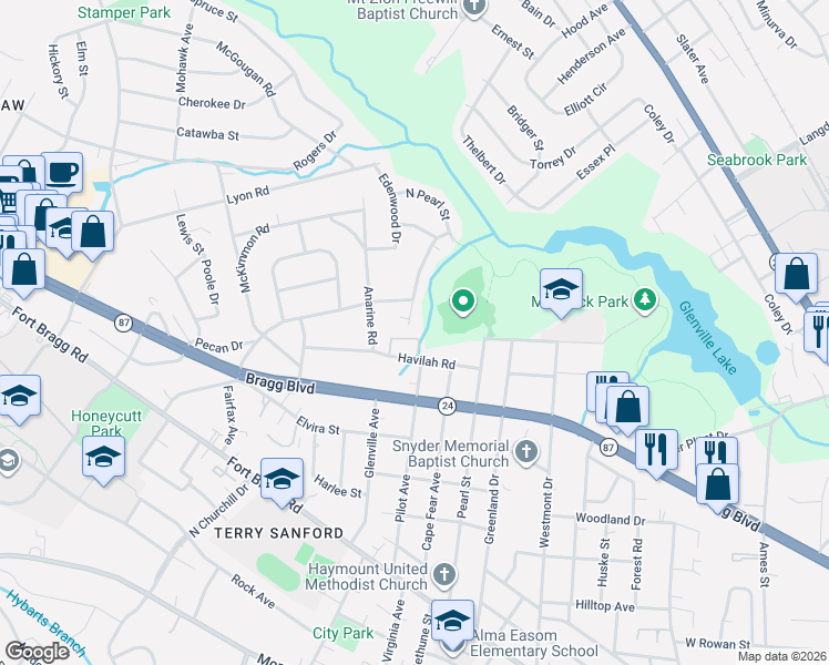 map of restaurants, bars, coffee shops, grocery stores, and more near 700 Shadowlawn Drive in Fayetteville