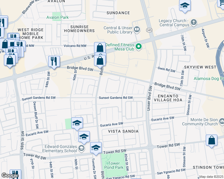map of restaurants, bars, coffee shops, grocery stores, and more near 8200 Bridge Boulevard Southwest in Albuquerque