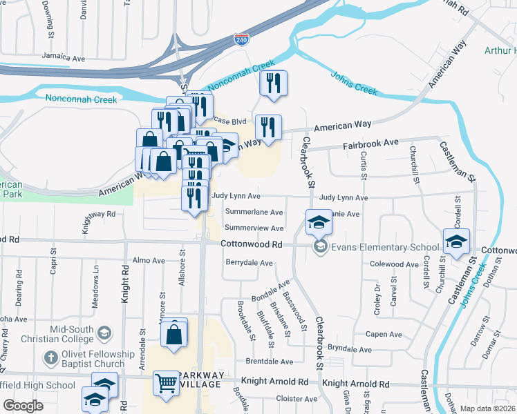 map of restaurants, bars, coffee shops, grocery stores, and more near 4821 Judy Lynn Avenue in Memphis
