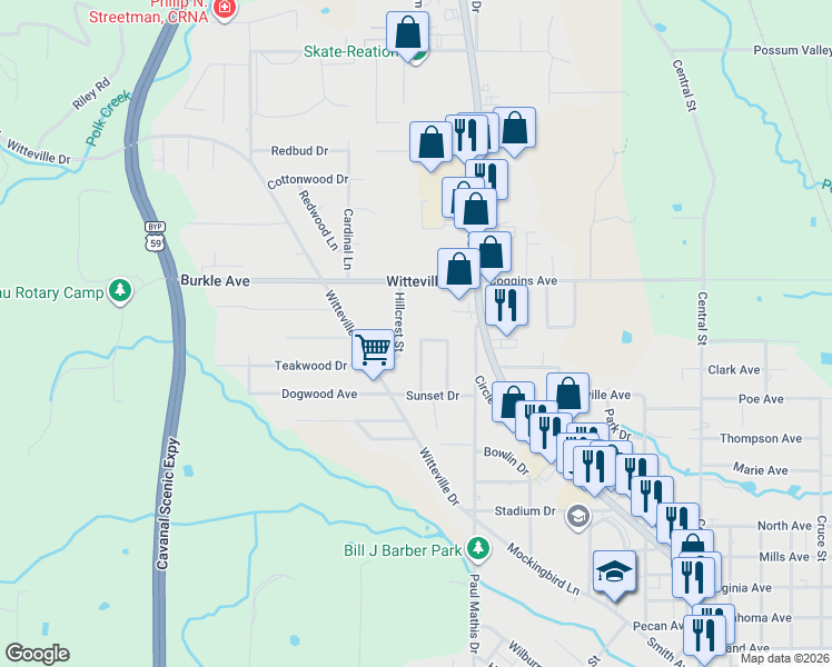 map of restaurants, bars, coffee shops, grocery stores, and more near 110 Hillcrest Street in Poteau
