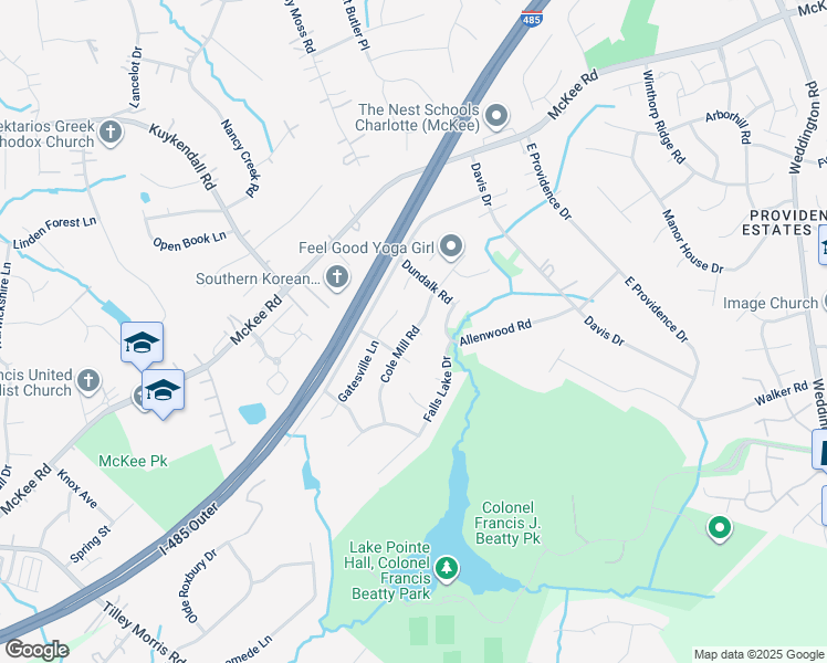 map of restaurants, bars, coffee shops, grocery stores, and more near Cole Mill Road in Charlotte