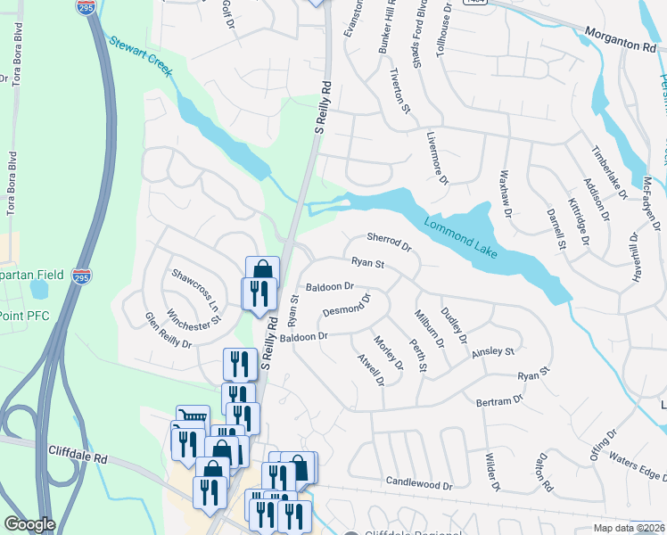 map of restaurants, bars, coffee shops, grocery stores, and more near 7105 Ryan Street in Fayetteville