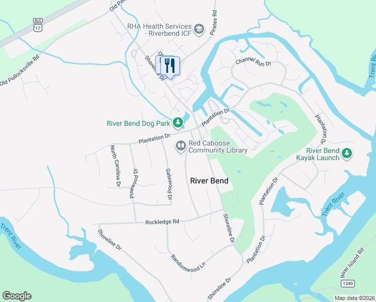 map of restaurants, bars, coffee shops, grocery stores, and more near 1 Linksiders Road in New Bern