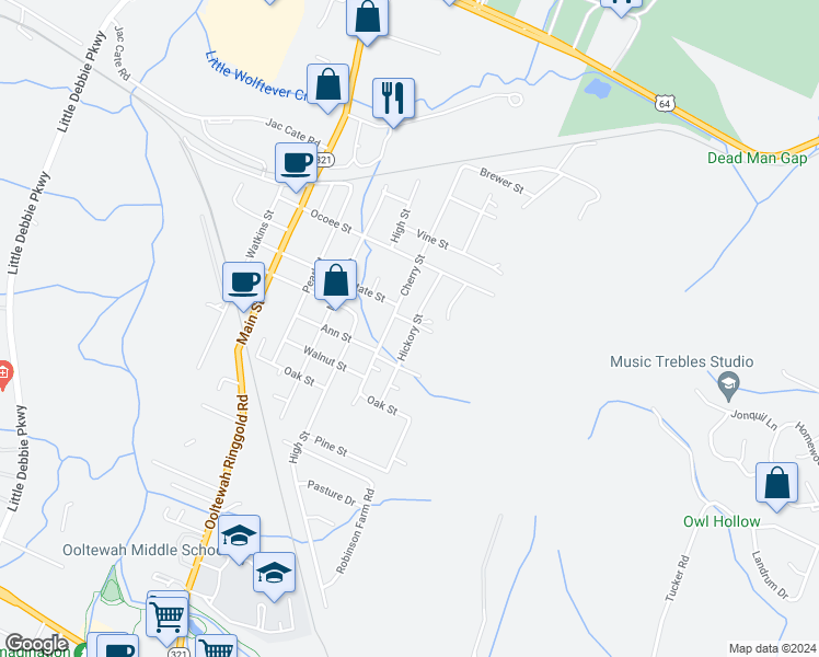 map of restaurants, bars, coffee shops, grocery stores, and more near 5525 Hickory Street in Ooltewah