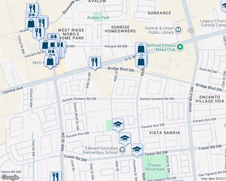 map of restaurants, bars, coffee shops, grocery stores, and more near 90th Street in Albuquerque