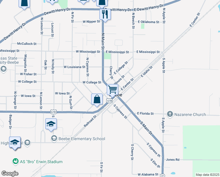 map of restaurants, bars, coffee shops, grocery stores, and more near 201 North Main Street in Beebe