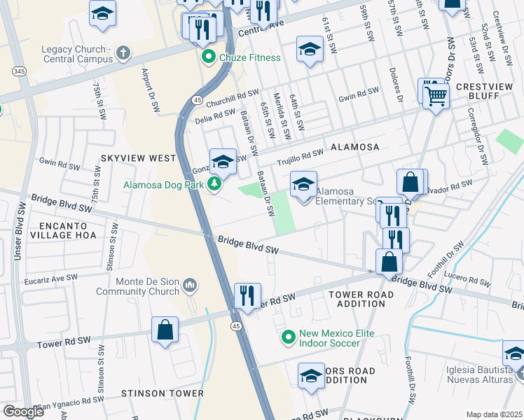 map of restaurants, bars, coffee shops, grocery stores, and more near 6715 Ivy Place Southwest in Albuquerque