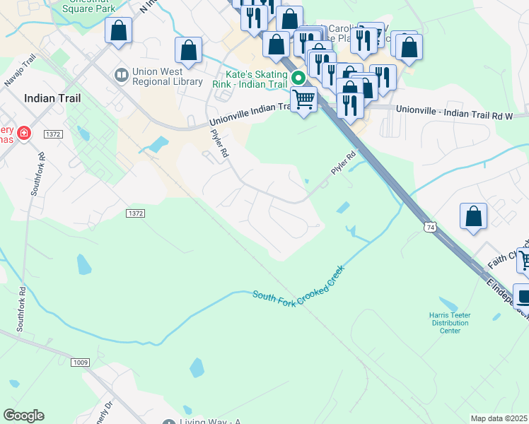 map of restaurants, bars, coffee shops, grocery stores, and more near 1007 Ridgefield Circle in Indian Trail