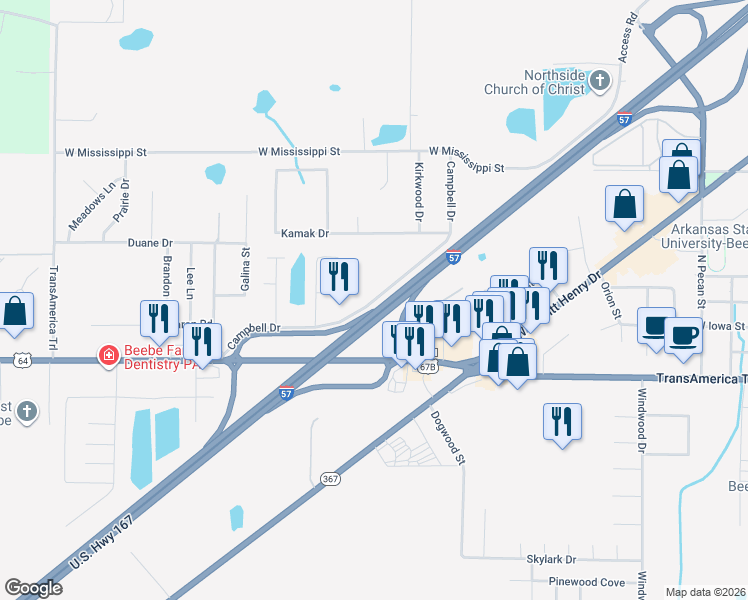 map of restaurants, bars, coffee shops, grocery stores, and more near Campbell Drive in Beebe