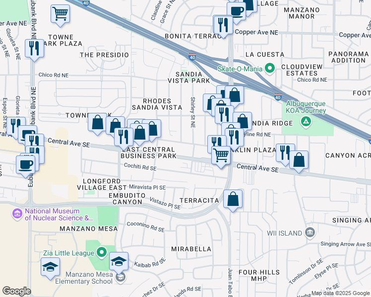 map of restaurants, bars, coffee shops, grocery stores, and more near 11500 Linn Avenue Northeast in Albuquerque