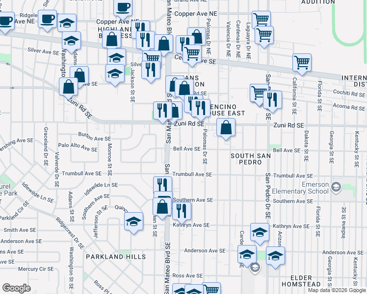 map of restaurants, bars, coffee shops, grocery stores, and more near 535 Ortiz Drive Southeast in Albuquerque
