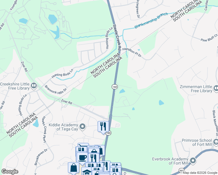 map of restaurants, bars, coffee shops, grocery stores, and more near 3251 South Carolina 160 in Fort Mill