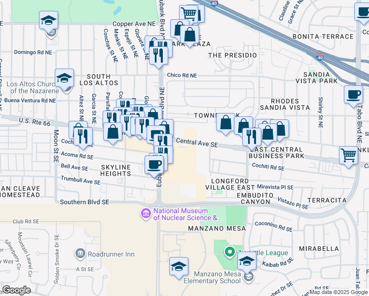 map of restaurants, bars, coffee shops, grocery stores, and more near 10605 Central Avenue Northeast in Albuquerque