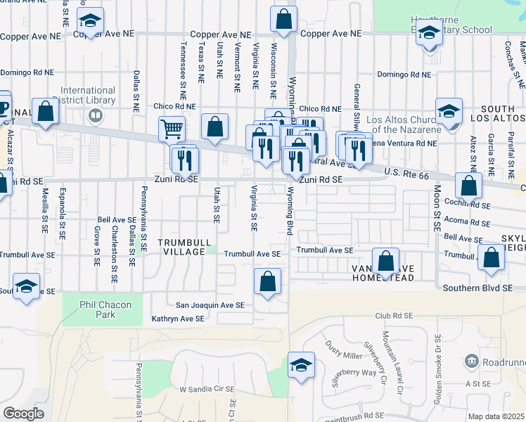 map of restaurants, bars, coffee shops, grocery stores, and more near 310 Virginia Street Southeast in Albuquerque