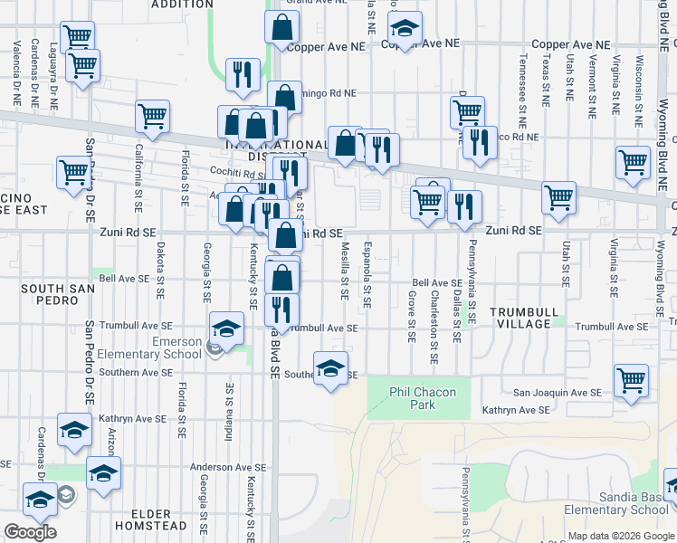 map of restaurants, bars, coffee shops, grocery stores, and more near 428 Chama Street Southeast in Albuquerque