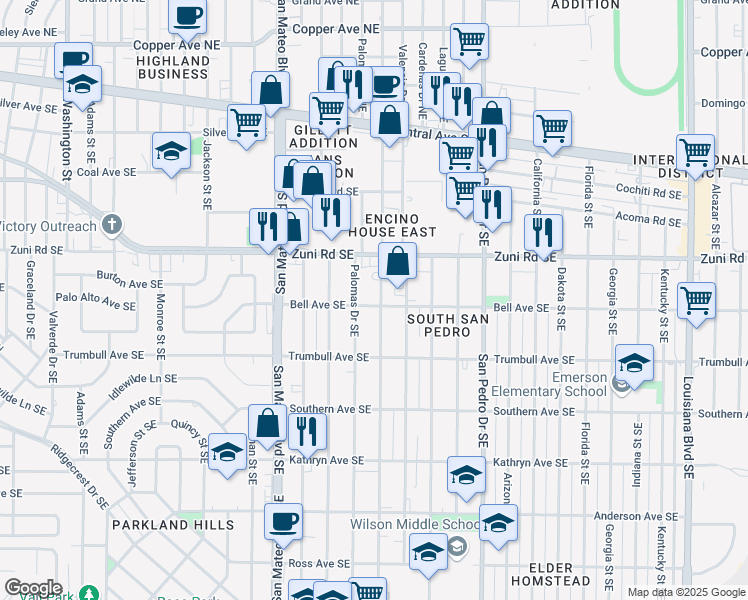 map of restaurants, bars, coffee shops, grocery stores, and more near 536 Palomas Drive Southeast in Albuquerque
