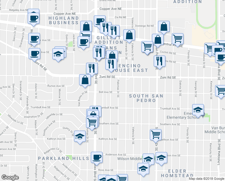 map of restaurants, bars, coffee shops, grocery stores, and more near 532 Madeira Drive Southeast in Albuquerque