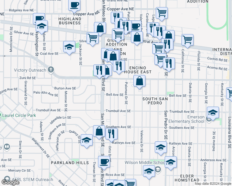map of restaurants, bars, coffee shops, grocery stores, and more near 532 Madeira Drive Southeast in Albuquerque