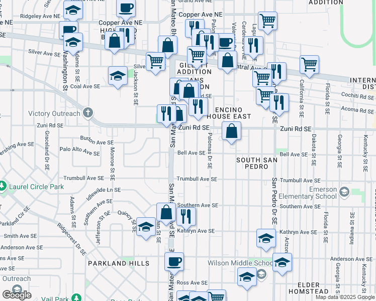 map of restaurants, bars, coffee shops, grocery stores, and more near 535 Ortiz Drive Southeast in Albuquerque