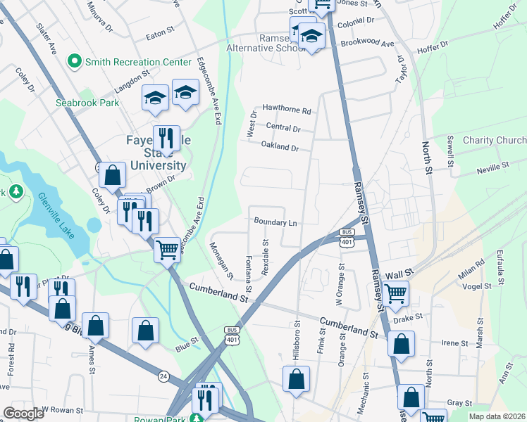 map of restaurants, bars, coffee shops, grocery stores, and more near 522 Donovan Street in Fayetteville