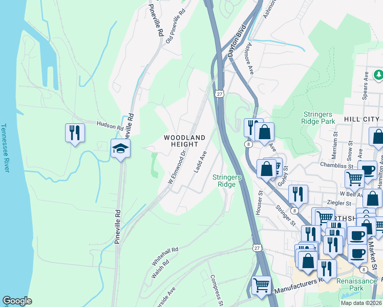 map of restaurants, bars, coffee shops, grocery stores, and more near in Chattanooga