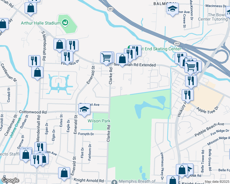 map of restaurants, bars, coffee shops, grocery stores, and more near 2824 Clarke Road in Memphis