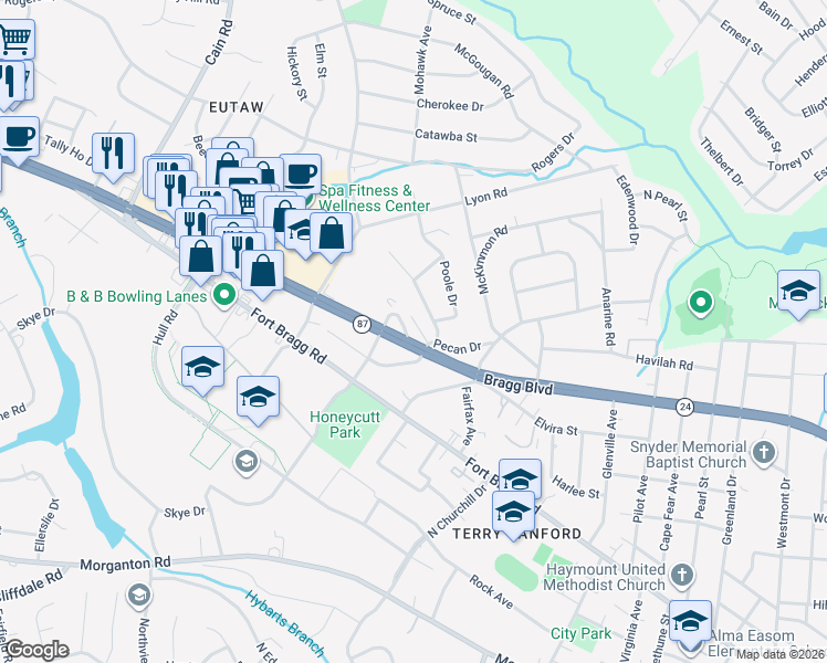 map of restaurants, bars, coffee shops, grocery stores, and more near 2326 Barrington Circle in Fayetteville